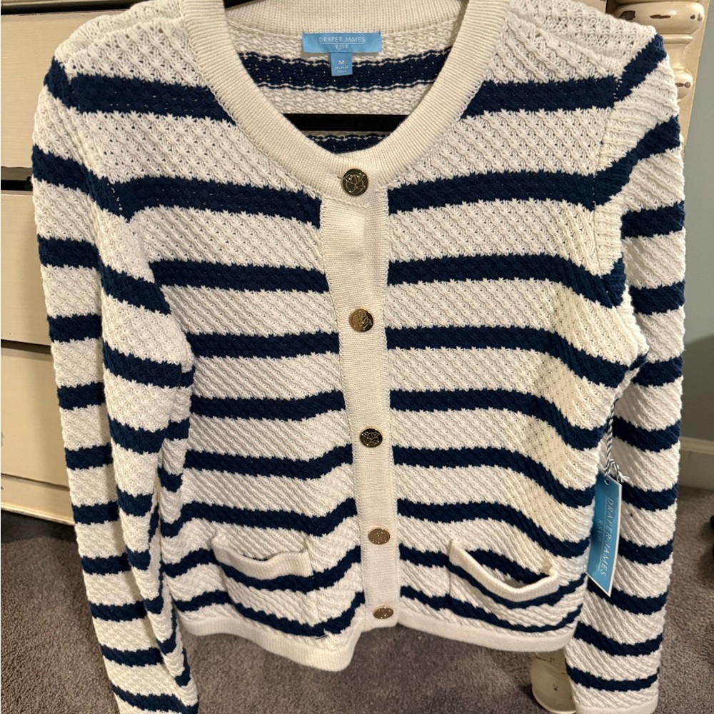 Draper James Navy and Cream Striped Cardigan
